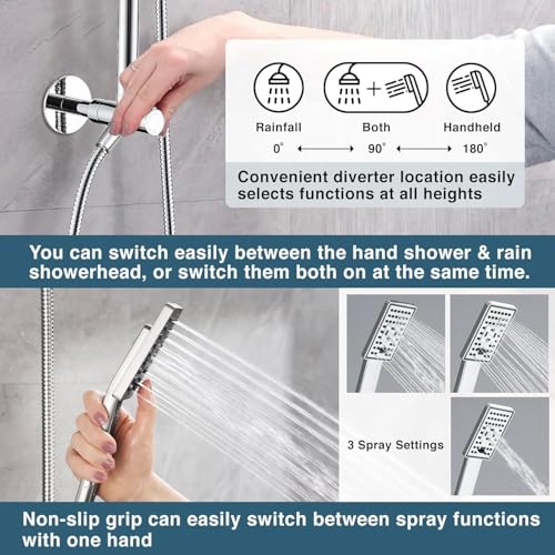 BRIGHT SHOWERS Sistema de Cabezal de Ducha Lluvia, Cabezal de Ducha con Spray de Mano Combo Incluye Barra Deslizante de Latón Macizo, Soporte Ajustable en Altura, Brazo de Extensión para Ducha y Manguera de 60" de Largo, Cromo miniatura 4