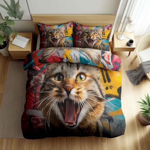 WHUOEUCO Juego de Ropa de Cama 150x220 cm Gato de Grafiti Colorido, Funda Nórdica Cama 90 Reversible Microfibra Funda Edredon 3 Piezas para Niño Juvenil y Adulto, con Cremallera