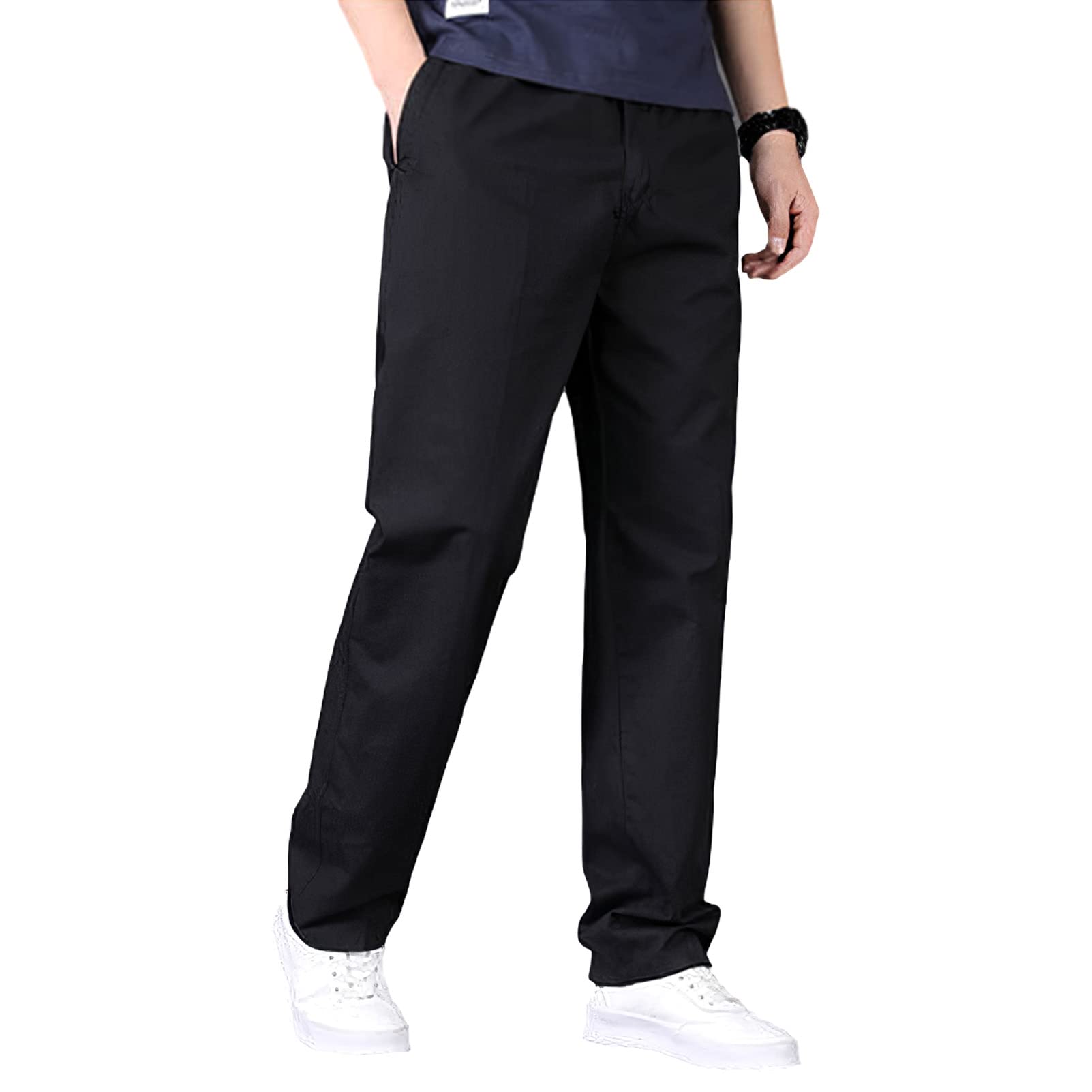 Hombre Cintura Elástica Pantalones Chinos Casual de Pata Ancha Pantalones de Trabajo de Algodón con 4 Bolsillos