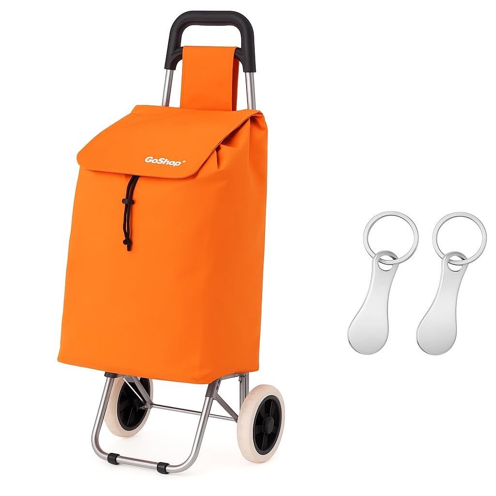 Premium 59Ltr Foldable Shopping Trolley with 2Pcs Stainless Steel Trolley Token, Hard Wearing & Lightweight Trendy Collapsible Push/Pull Cart for Easy Storage with 1 Year Guarantee (Orange)