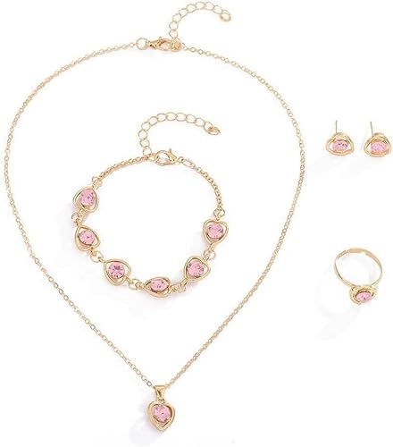 FDEETY 4 peças conjunto jóias coração cristal brilhante colar brincos pulseira anel ornamentos elegantes mulher acessórios, Tamanho único, Aço inoxidável, Sem Pedra Preciosa