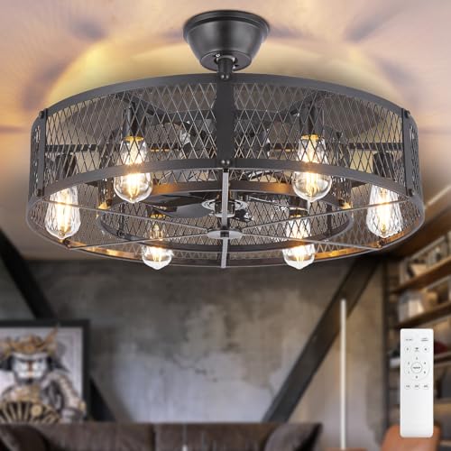 Depuley Outdoor Ceiling Fan with Light: 26' Caged Ceiling Fans with Remote Control for Patio Kitchen Bedroom - Farmhouse Fandelier Flush Mount Lights Fixture Reversible 6 Speed Timer Black