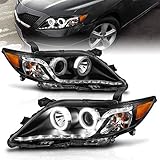 AmeriLite Projcetor Headlights Black Amber LED Bar Dual Halo For Toyota Camry - Passenger and Driver...