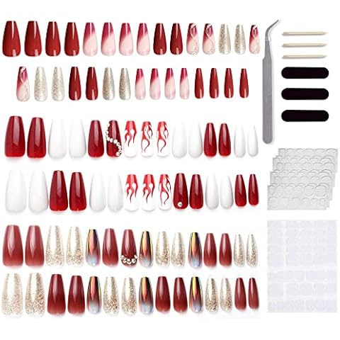 FBBULES 3 Pack 90 pcs Glossy Red False Nails Coffin Stick on, Long Press-on Full Cover Nail Tips Set, Ballerina Artificial False Nail, with Glue Stickers, DIY Fake Nails for Girls Lady Women Cover