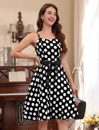 Image of Women Vintage Polka Dot 1950s Rockabilly Halter Audrey Dress Retro Floral Evening Cocktail Swing Dress