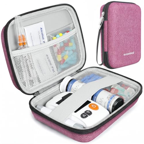 Portable Diabetic Supplies Travel Case Hard Shell Diabetes Organizer for Insulin Pen Glucose Meter Test Strips & Lancing Device Compact EVA Carrying Bag with Wrist Strap (Case Only) - Pink