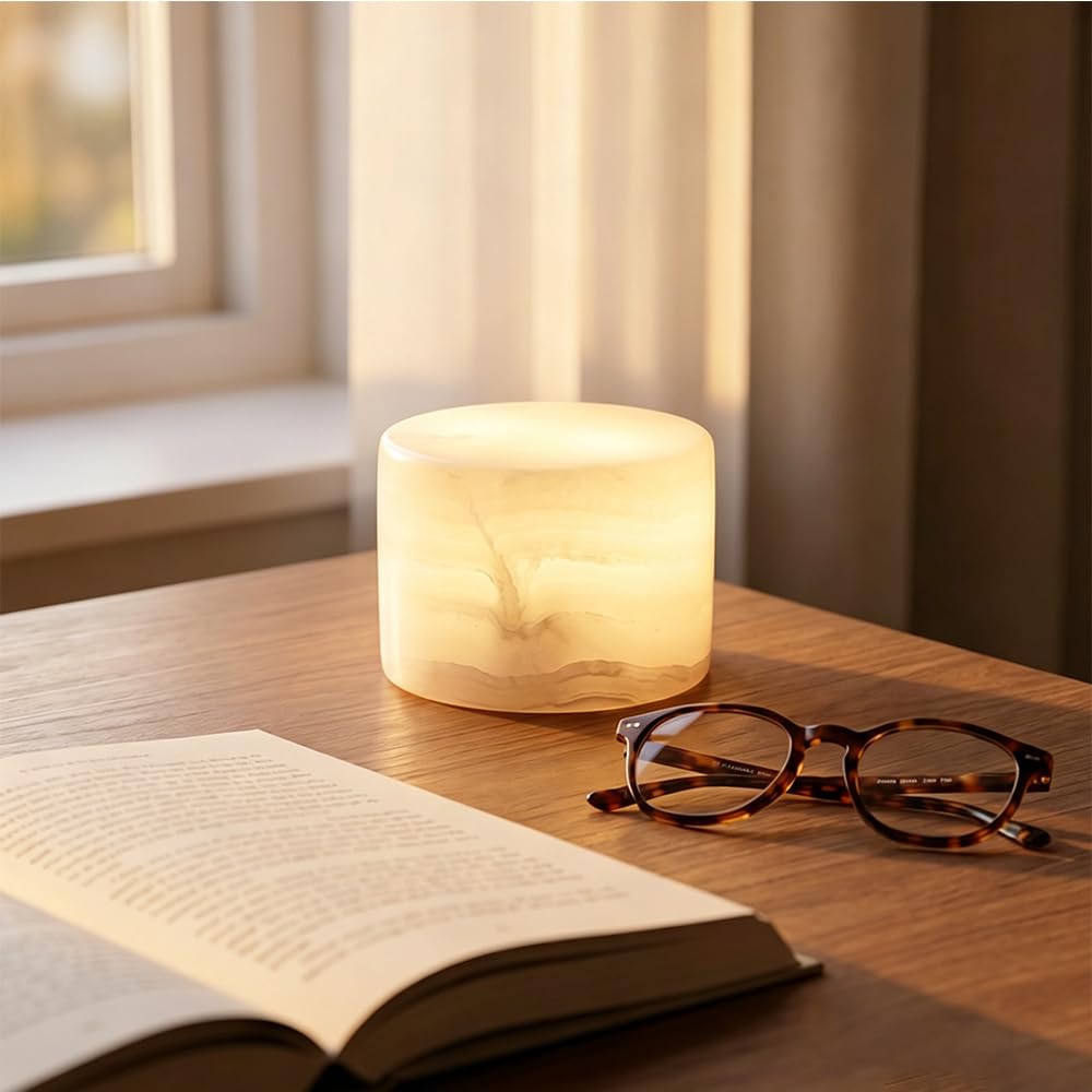 KUNBBEUR Marble Touch Lamp, Rechargeable Bedside Table Lamp, Night Light with 7 RGB Colours, Dimmable Natural Stone LED Ambient Light for Bedroom, Living Room, Office Decor (Jade Three-Color Model)