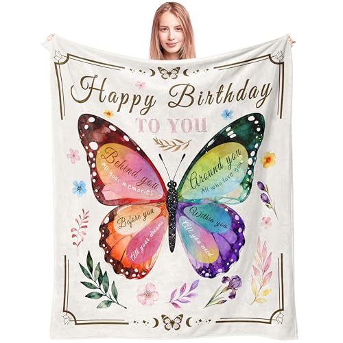 Spwasplo Birthday Gifts for Women Happy Birthday Decorations for Woman Blanket 60x50 with Butterfly Bday Gift Ideas for Mom Sister Daughter Friend (Cream 60x50)