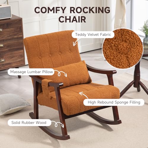 AVAWING Teddy Upholstered Rocking Chair, Small Glider Rocker with 2-Point Massage Lumbar Pillow and Solid Wood Legs, for Nursery and Living Room, Brown