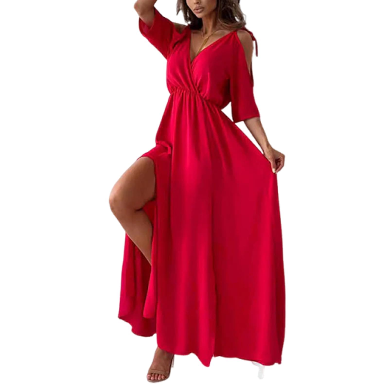 Elegantes, V-Ausschnitt-Kleid Mit Seitenschlitz Für Damen, Mit Tiefem V-Ausschnitt Und Seitenschlitzen Für Lange Kleider