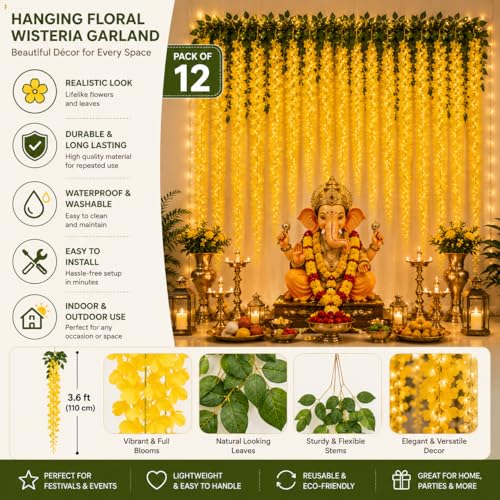 Image of Tia Crafts Polyester Artificial Hanging Flowers For Ceiling Balcony|Wisteria Vine|Home Party Decor Garden Outdoor Greenery Office Wall Decoration|Waterproof Washable-3.7Ft /45 Inch(Yellow,12)