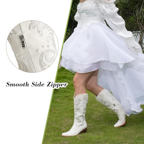 Image of Cowboy Boots for Women Pearl Embroidered Cowgirl Boots Western Chunky Heel Mid Calf Boot with Zipper