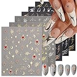 Heart Sun Star Nail Art Stickers Moon Nail Decals 3D Self Adhesive Heart Sun Star Moon Fish Bone Design Nail Stickers Bronzing Nail Art Supplies for Women Girls Acrylic DIY Nail Decoration 6 Sheets
