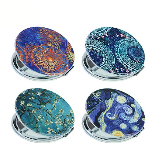 QIELIZI PU Metal Compact Mirror (Set of 4),Pocket-size Travel Beauty Makeup Mirror 2-sided with 3X Magnifying Mirror and 1X Mirror, Best Gifts - Perfect for Purses,Pack of 4(Van Gogh Flower)