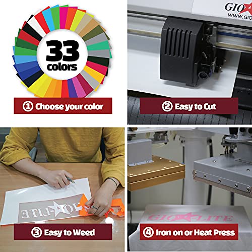 Gio-Flex Heat Transfer Vinyl 10"X12"-33 Sheets Htv Assorted Color Bundle Pack Iron-On Transfer Design For T-Shirts Compatible With Cricut Silhouette Cameo Heat Press Machine Easy To Weed Cut #TOP3