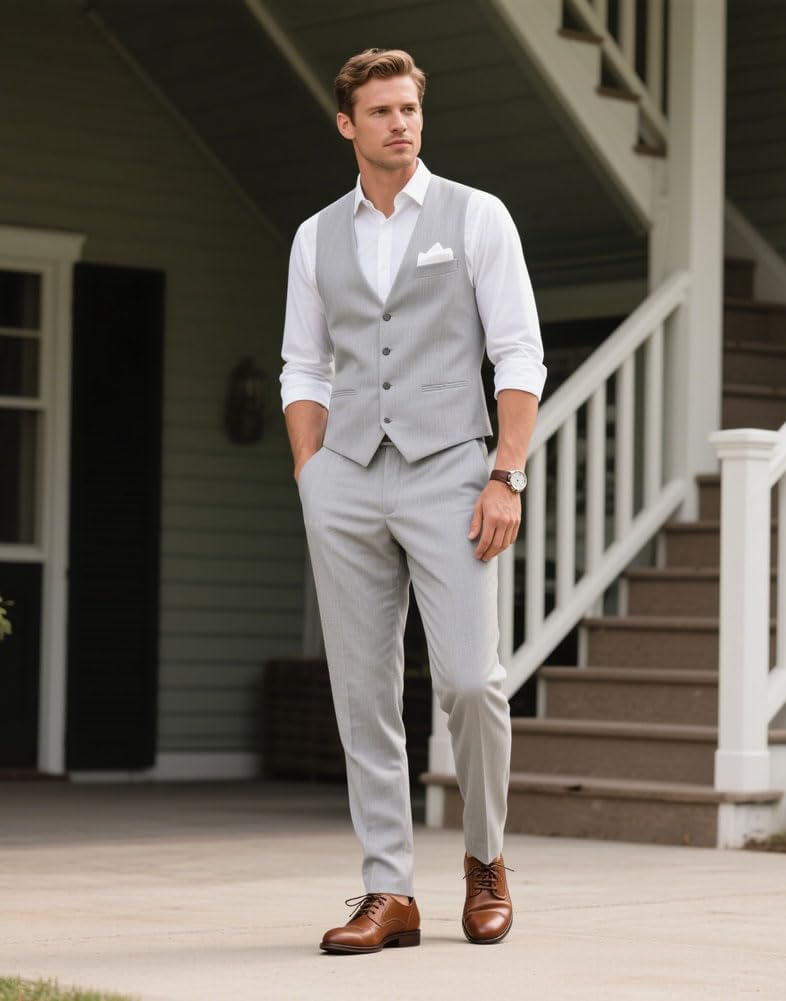 Vest and Pants for Men 2 PC Slim Fit Formal Business Suit Vest Pants Set Summer Beach Wedding