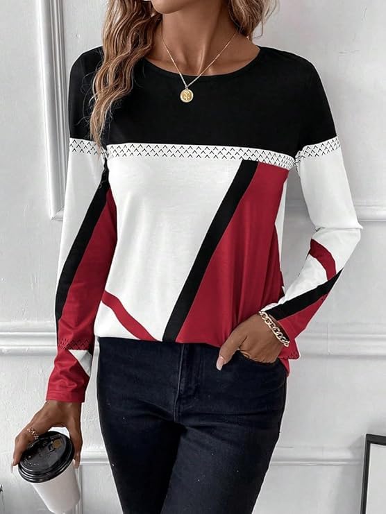 Color Block Crewneck Patchwork Tunic Tops for Women