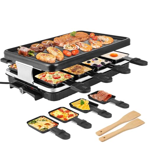 8 Person 1300W Electric Grill Indoor + 8 Raclette Cheese Pans + 2 Wooden Spatulas, Adjustable Temperature, Nonstick Electric Smokeless BBQ Grill