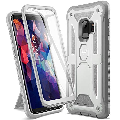 YOUMAKER Designed for Galaxy S9 Case, Heavy Duty Protection Kickstand with Built-in Screen Protector Shockproof Case Cover for Samsung Galaxy S9 5.8 inch - White