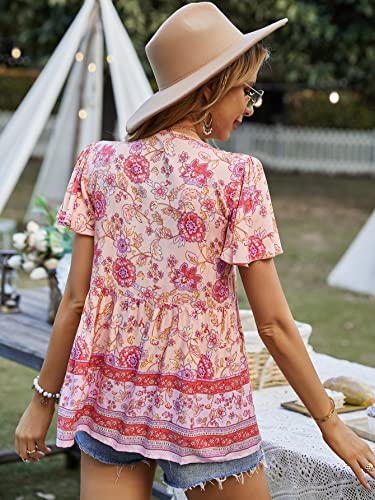 Kaywide Women's Floral Print V Neck Ruffle Short Sleeve Summer Shirts Tops Casual Loose Boho Blouses(Pink-5,L) #TOP2
