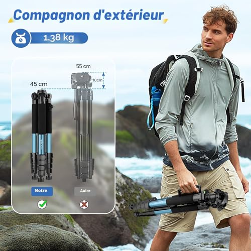 Victiv 188cm Trépied Appareil Photo, Trépied Caméra en Aluminium Portable, Trepied Photo avec Tête 3 Voies pour Canon Nikon Sony DSLR, Trepied Smartphone avec Télécommande pour iPhone, Samsung - Bleu – vue 4