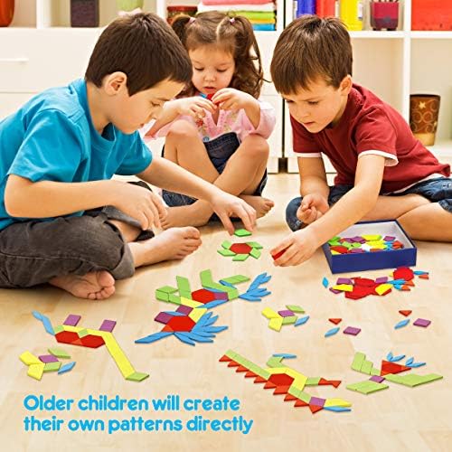 Coogam 160 PCS Wooden Shape Puzzle Pattern Blocks, Tangrams Geometric Brain Teaser Toy Game, Geo Montessori Preschool Learning Activity STEM Gift for Kids with 24 Pcs Design Cards 4 51hZQ2Ba0pL. AC
