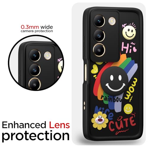 Image of Pikkme Back Cover for Vivo Y200e 5G / Vivo T3 5G | Soft Silicone| Cute Rainbow Smile & 3D Cartoon Flower Design | Shockproof Raised Camera Protection Bumper Case (Black)