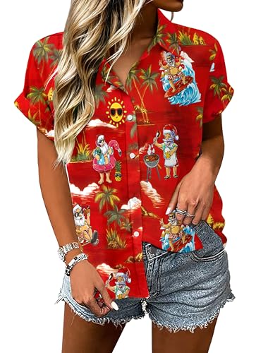 UYIQL Christmas in Hawaiian July Shirts for Women Beach Xmas Outfit Red 2XL