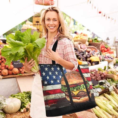 Hamburger American Flag Large Insulated Tote Bag for Grocery Shopping Reusable Tote Bags for Women Men, Cooler Bag with Zippered Top & Handles for Beach Picnic Travel2