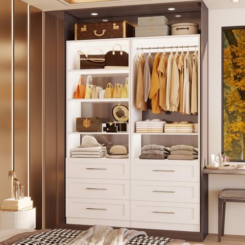 Image of Closet System with 12 Wooden Drawers, 8-21F Closet Organizer System, Walk-in Closet or Small Closet System with Shelves, Modular Closet Systems with 6 Expandable Hanging Rods, 4 Sets, White