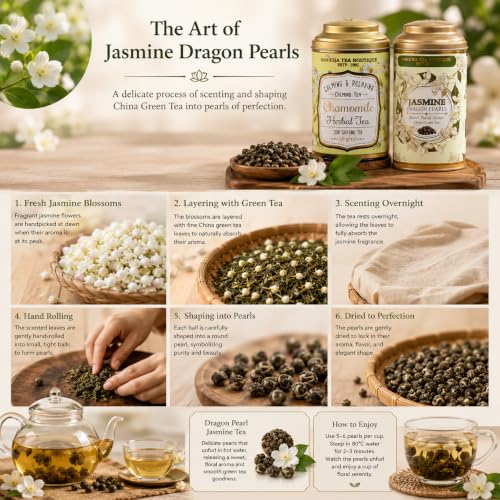 Image of Sancha Tea Boutique, Tea Combo Pack: Chamomile Flower, Caffeine Free Herbal, 50g & Jasmine Dragon Pearls Teas 50g, Loose Leaves