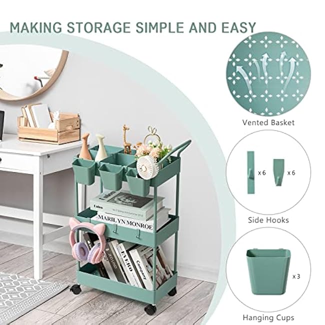 danpinera Storage Cart on Wheels, 3 Tier Bathroom Cart Organizer Slim Laundry Narrow Shelf with Wheels Dividers Hanging Cups Hooks Handle Easy Assembly, Green-Oy6I17Y5
