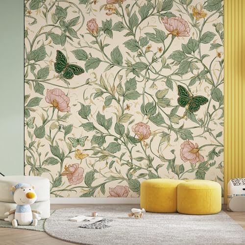 Fresque Murale Intissée Fleur et Papillon Vert au Style Rétro Rustique Chic - 4