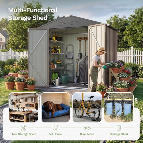 Image of Devoko 6 x 4 FT Metal Storage Sheds with Floor Frame, Waterproof Garden Tool Shed with Lockable Door, Outdoor Utility Shed for Backyard Patio Lawn, Brown