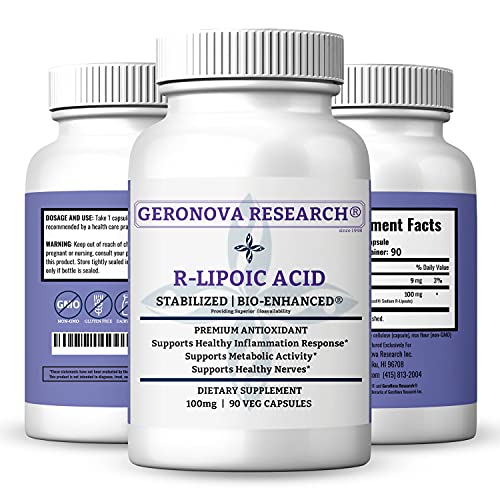 GeroNova Research Stabilized Bio-Enhanced R-Lipoic Acid 100mg 90 Caps - Premium R Alpha Lipoic Acid Antioxidant for Nerve Pain & Inflammation Support, Increases Glucose Uptake and Boost Energy Production