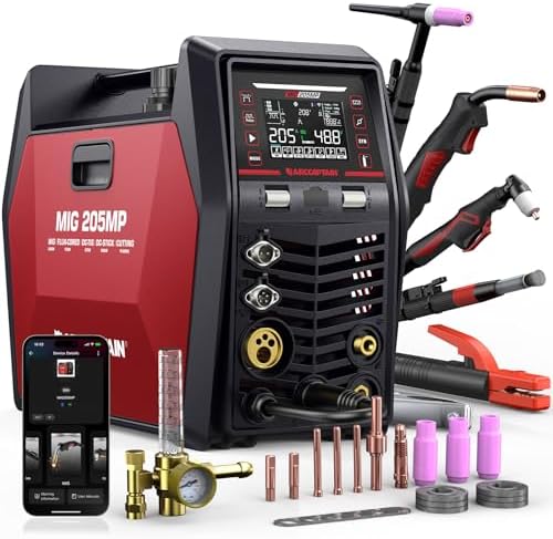 ARCCAPTAIN MIG205MP MIG Welder, 9 in 1 iControl APP Control Plasma Cutter/Pulsed MIG/Flux Core/Spool Gun/DC HF/Lift TIG/Clean/Stick Aluminum Welding Machine 120/240V Dual Voltage Multiprocess Welders