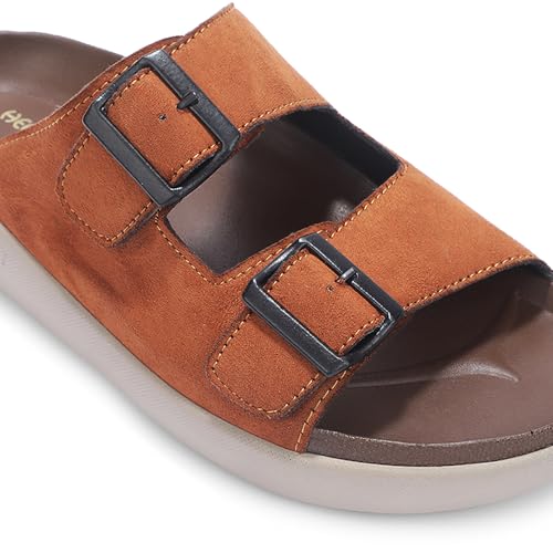 Image of Liberty Healers VAL-36E Slippers for Men - Black & Tan Faux Suede Slip-On Casual Slippers | Soft Cushioned Footbed, Lightweight Everyday Footwear for Home, Daily, Indoor & Casual Wear