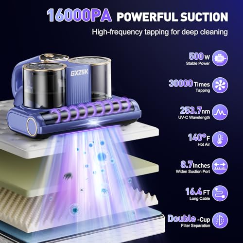 Image of Mattress Vacuum Cleaner, 16kPa Bed Vacuum Cleaner with 253.7nm UV-C Light, Ultrasonic & 140℉ Heating, Dual Cup & Widen Suction Port Handheld Vacuums for Bed, Sofa, Couch, Crib (500W, Corded)