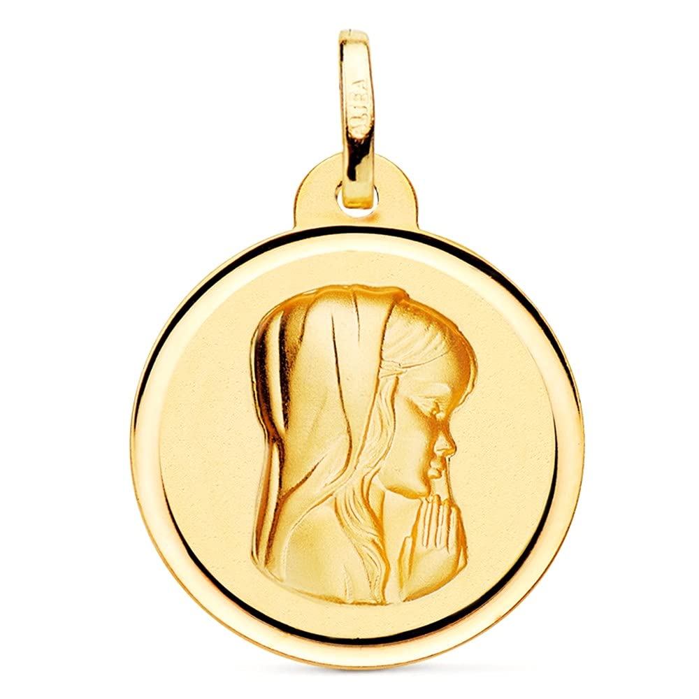 Medalla oro 18k Virgen Niña 20mm. relieve lisa detalle bisel