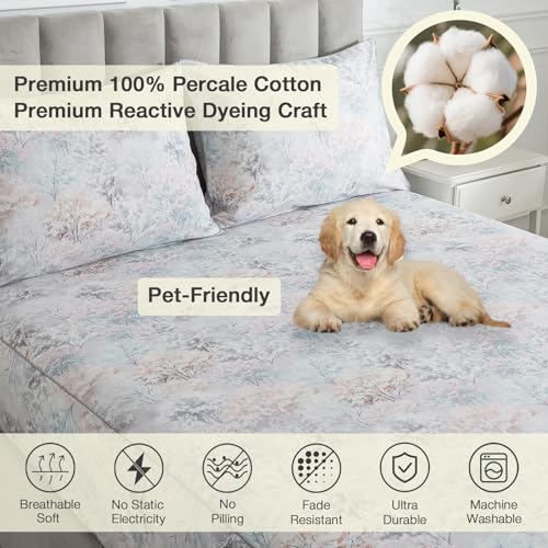 Image of Shabby Tree Patterned Chic Percale Sheets King Size, 100% Cotton Toile Deep Pocket Vintage Sheet Set, Crisp Soft Grey Forest Aesthetic Bed Sheets, Luxury Farmhouse Bedding Sets, 4Pcs