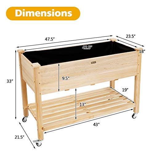 Giantex Raised Garden Bed On Wheels, Wood Planter Box With Legs, Liner, Drain Holes, Elevated Garden Bed For Vegetables, Standing Garden Container For Backyard, Patio, 47.5" Lx 23.5" Wx 33" H #TOP5
