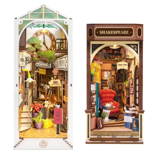 ROBOTIME Book Nook Kit Bookend Stand Bookshelf Insert Bookcase Miniature House with LED Light Model...