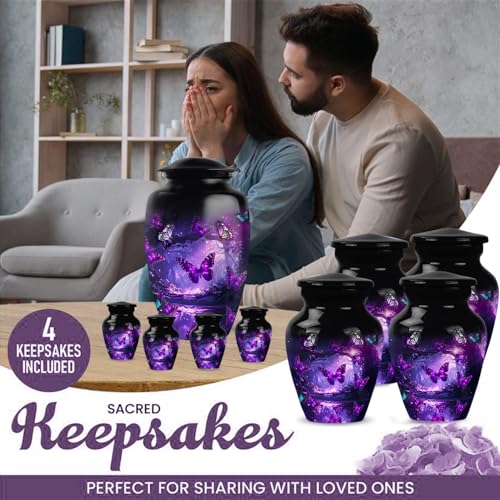 Image of Funeral Cremation Purple Butterfly Urn Sets of 6 with 1 Large Butterfly Purple Urns for Human Ashes Adult Female & Male, 4 Small Purple Urn for Ashes for Women & 1 Pendant for Ashes