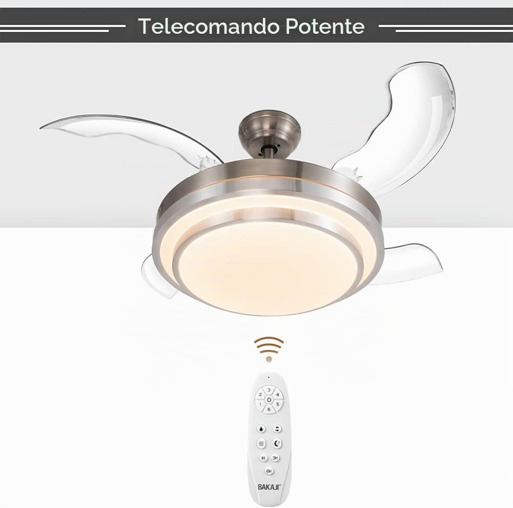 BAKAJI Ventilatore Lampadario da Soffitto 4 Pale retrattili con Lampada in Vetro Satinato 3 Velocità e Telecomando per Comando a Distanza Diametro 106 cm Colore Silver e Pale trasparenti
