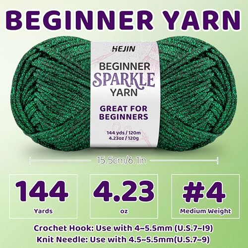 Image of 120g Green Sparkle Yarn for Crocheting and Knitting; 120m(144yds) for Beginners with Easy-to-See Stitches; Worsted-Weight Medium #4; Yarn for Beginners Crochet Kit Making