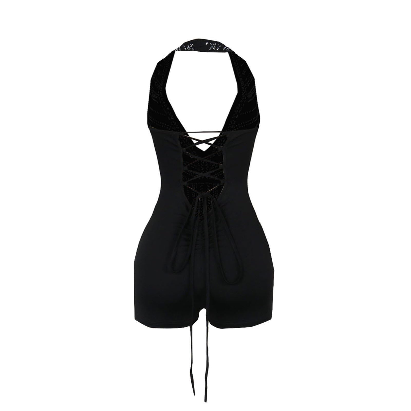 Damski pajacyk bez rękawów Rhinestone Lace Up Deep V Neck Halter Clubwear Body