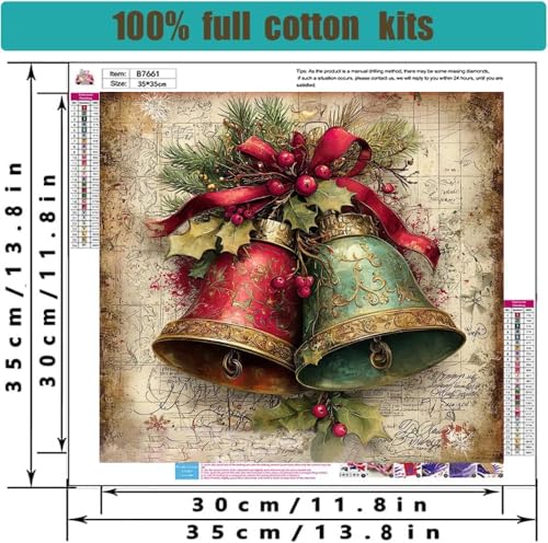 Image of Christmas Bell Stamped Cross Stitch Kits for Adults - Embroidery Kits for Beginners Adults,11 CT Patterns Dimensions Counted Cross Stitch Kits for Adults Arts Craft 14x14 inch
