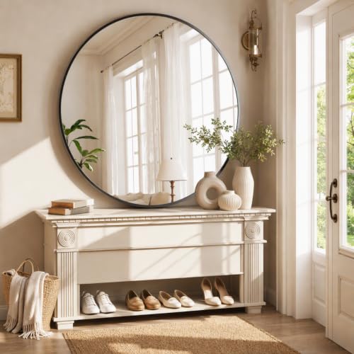 Image of Easly 40 Inch Round Mirror, Black Metal Frame Wall Mirror for Bathroom
