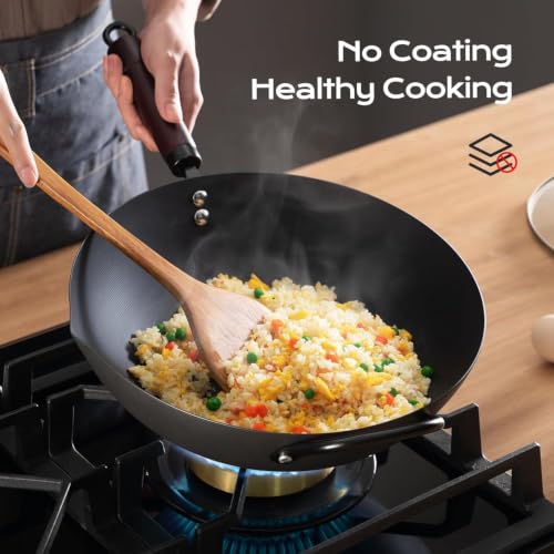 Image of FGJ Wok, 13 Inch carbon steel wok pan with steamer & stir-fry pans nonstick, Pre-Seasoned 5.8QT Flat Bottom Chinese Woks Roasting Pan with lid, Carbon Steel Cookware, Compatible with All Cooktops