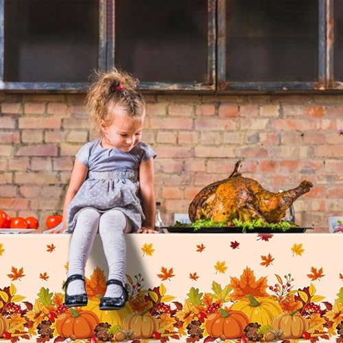 Image of 3-Piece 54 x 108 Inch Fall Harvest Plastic Tablecloth - Autumn Maple Leaves Disposable Rectangle Table Cover for Thanksgiving Day Parties, Dinners, and Celebrations, Indoor Outdoor Table Decorations